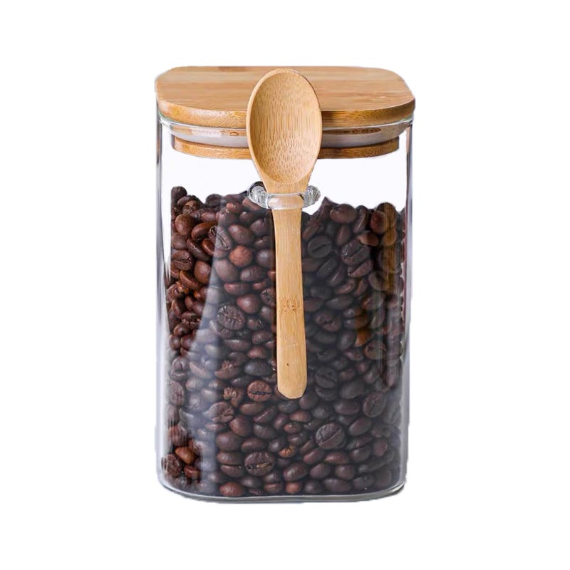 CNWSGEM Sugar Bowls Sugar Container 25.36 FL OZ Glass Coffee Canister Airtight Food Storage Jar with Lid and Spoon Candy Jar Coffee Bar Accessories Storage Beans Powder (Square) - Image 1