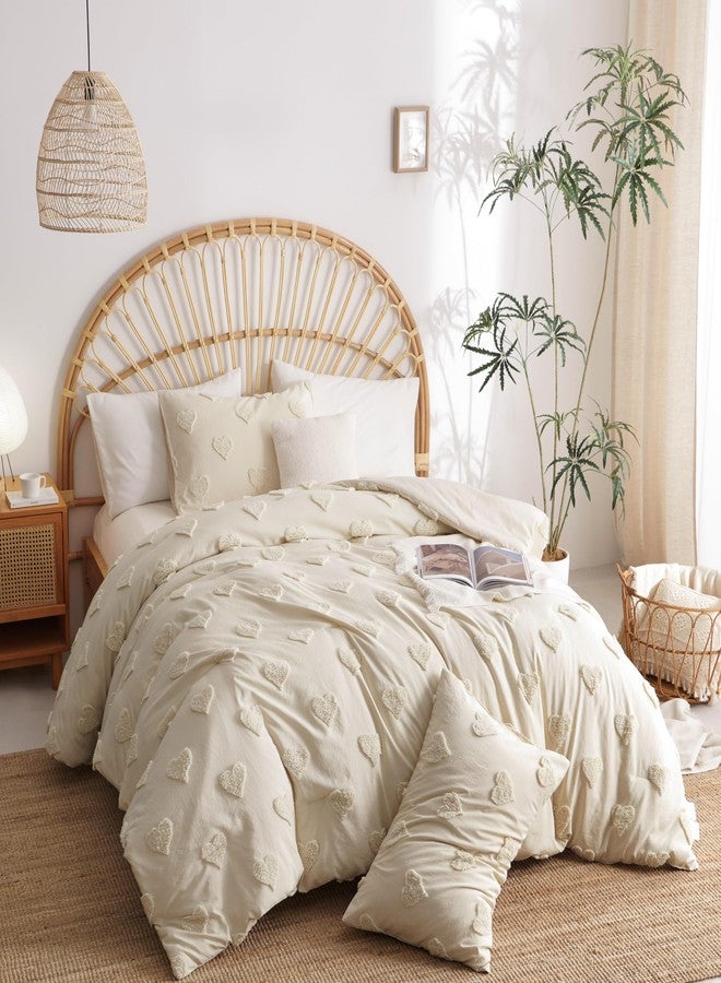Bildenly Tufted Boho Comforter Set Queen Size Beige Bohemian Heart Love Textured Bedding Set 3 Pieces Farmhouse Shabby Chic Embroidery Bed Set Soft Jacquard Comforter for All Season with 2 Pillowcases - Image 2