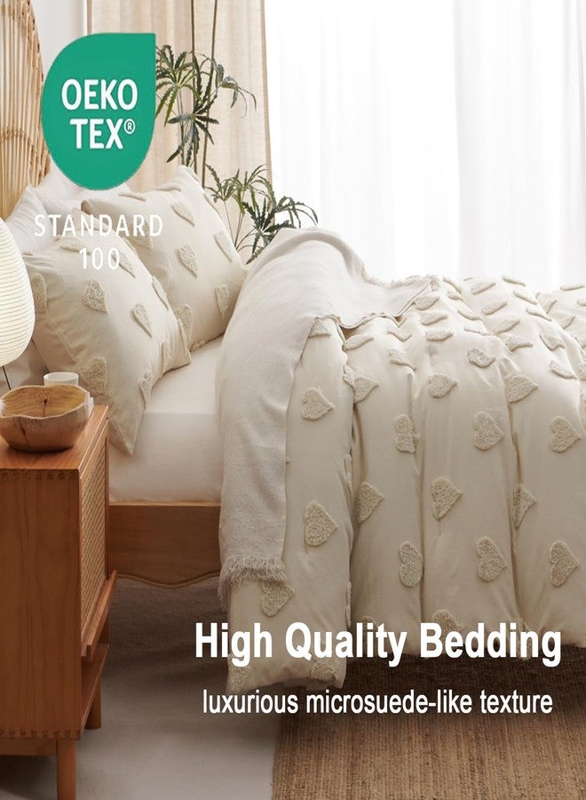 Bildenly Tufted Boho Comforter Set Queen Size Beige Bohemian Heart Love Textured Bedding Set 3 Pieces Farmhouse Shabby Chic Embroidery Bed Set Soft Jacquard Comforter for All Season with 2 Pillowcases - Image 3
