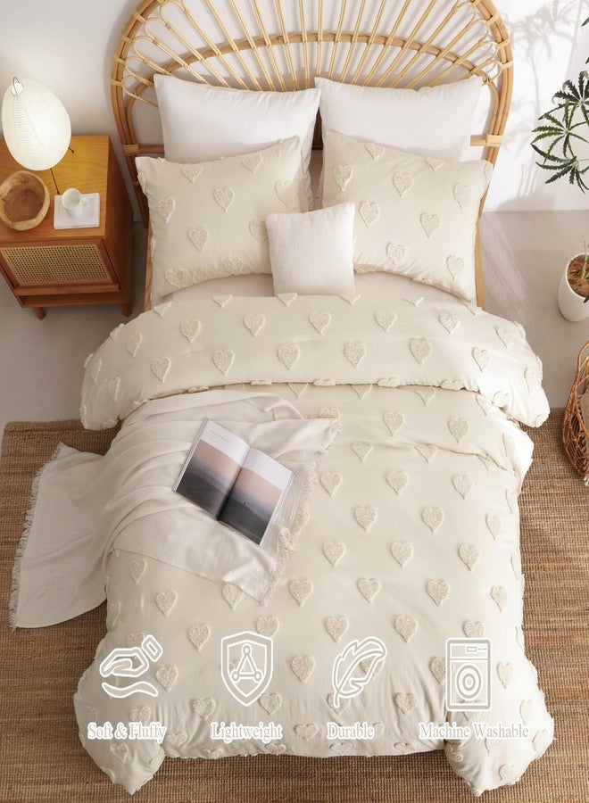Bildenly Tufted Boho Comforter Set Queen Size Beige Bohemian Heart Love Textured Bedding Set 3 Pieces Farmhouse Shabby Chic Embroidery Bed Set Soft Jacquard Comforter for All Season with 2 Pillowcases - Image 4