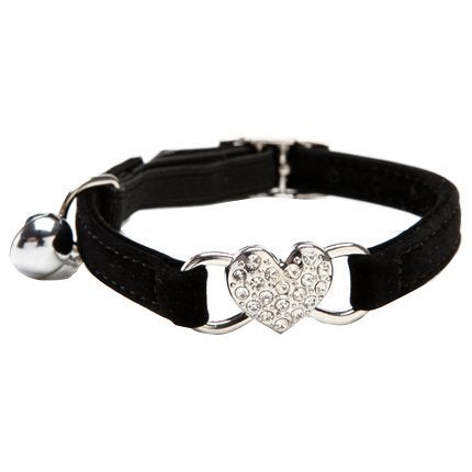 CHUKCHI Heart Bling Cat Collar with Safety Belt and Bell 8-11 Inches (Black) - Image 1