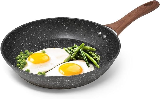 Gladnes Alluminum Alloy Marble Finish Professional Kitchen Non Stick Frying Pan CD Bottom Bakelite Wood Handle for Induction Cookware Safe Black 22CM - Image 2