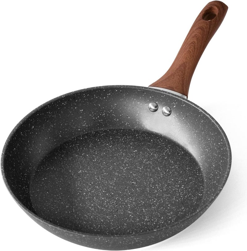 Gladnes Alluminum Alloy Marble Finish Professional Kitchen Non Stick Frying Pan CD Bottom Bakelite Wood Handle for Induction Cookware Safe Black 22CM - Image 1