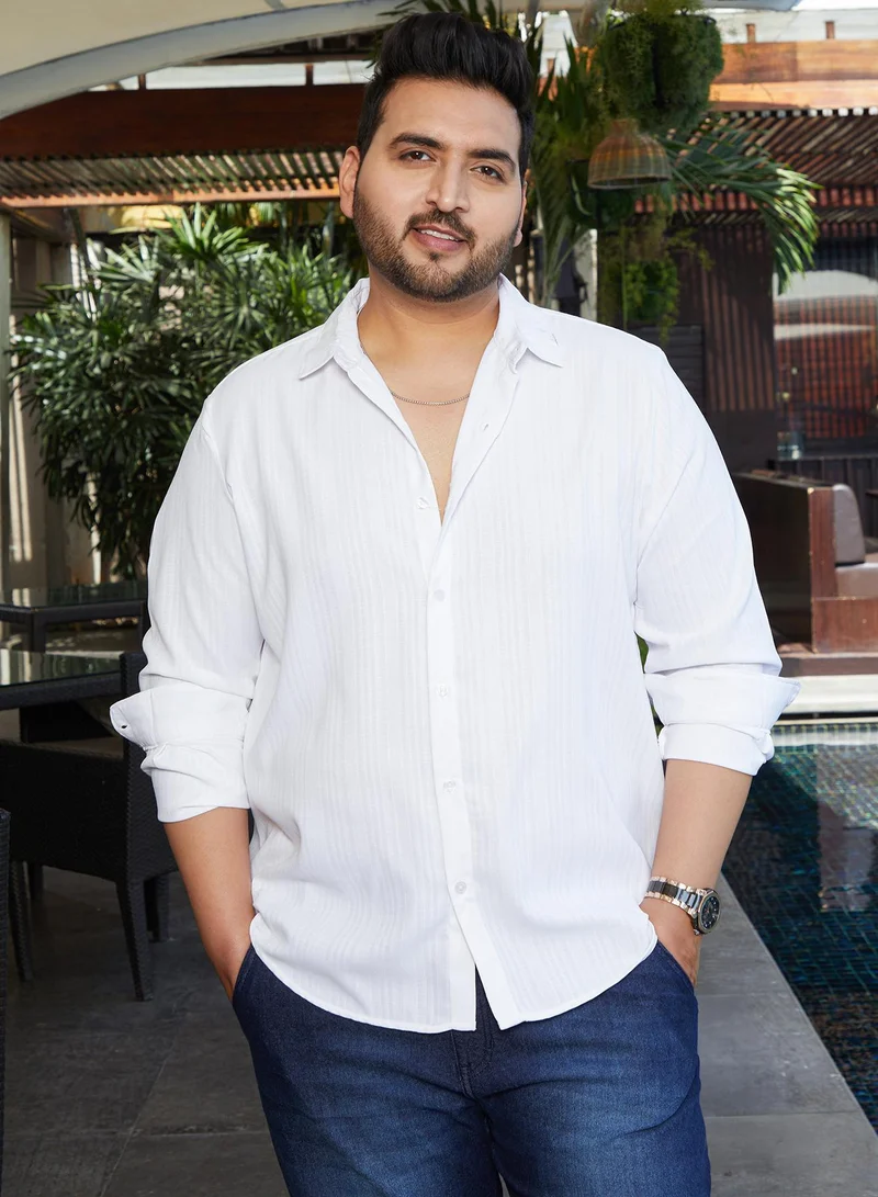 انستافاب بلس قميص رجالي أبيض طباشيري سادة بأزرار مقاس كبير للملابس الكاجوال بياقة واسعة وأكمام طويلة بأزرار