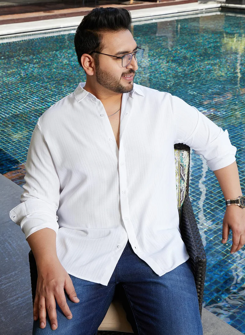 انستافاب بلس قميص رجالي أبيض طباشيري سادة بأزرار مقاس كبير للملابس الكاجوال بياقة واسعة وأكمام طويلة بأزرار