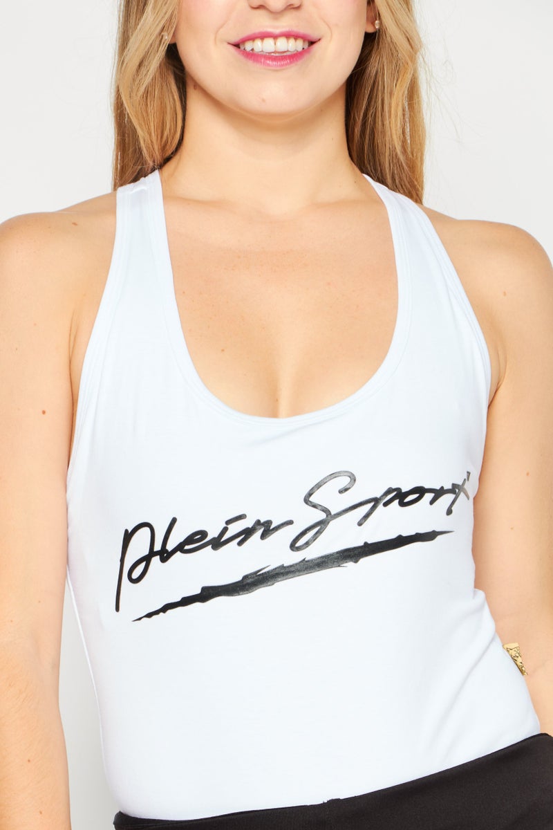 Plein Sport Women Sportswear Fit Sleeveless Training Bodysuit, White  - Image 3