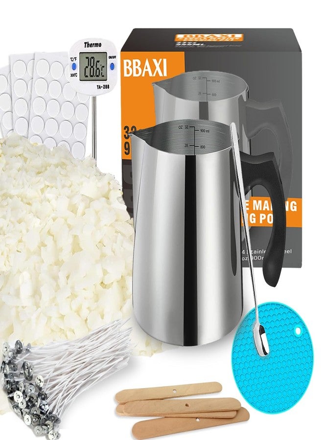 BBAXI مجموعة أدوات صنع الشموع BBAXI، شمع الصويا الطبيعي، أدوات حرفية DIY مع وعاء صب الشموع سعة 32 أونصة، شمع الصويا سعة 16 أونصة، حوامل فتائل خشبية، فتائل الشموع، ملصقات، مقياس حرارة وملعقة للمبتدئين والبالغين - Image 1