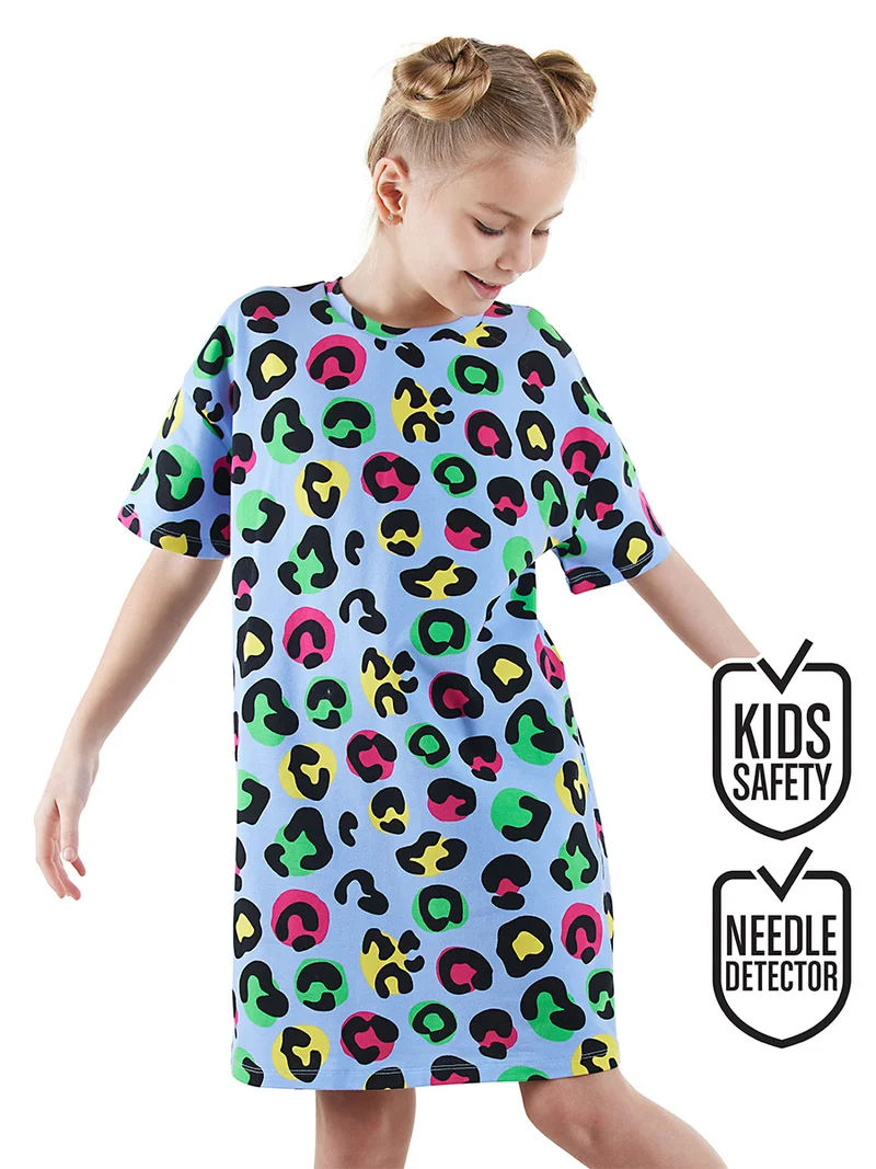 دينوكيدس فستان أزرق فضفاض بطبعة نمر للبنات