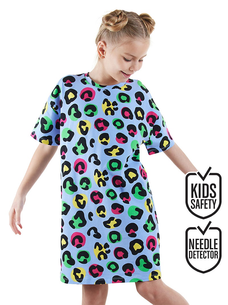 Denokids Leopard Girl Oversize Blue Dress - Image 1