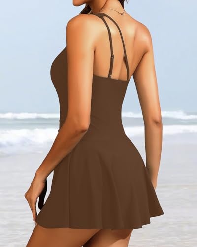 Yonique One Piece Tummy Control Swimdress - Women One Shoulder Bathing Suit with Skirt 2025 Modest Skirted Swim Dress Swimsuit Brown M - Image 2