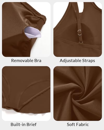 Yonique One Piece Tummy Control Swimdress - Women One Shoulder Bathing Suit with Skirt 2025 Modest Skirted Swim Dress Swimsuit Brown M - Image 5