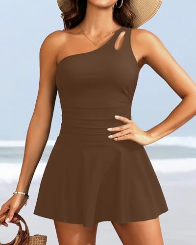 Yonique One Piece Tummy Control Swimdress - Women One Shoulder Bathing Suit with Skirt 2025 Modest Skirted Swim Dress Swimsuit Brown M - Image 4