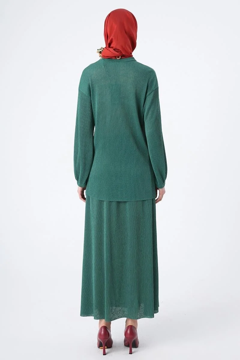 Allday Green-Pleated Slit Detailed Blouse and Skirt Suit