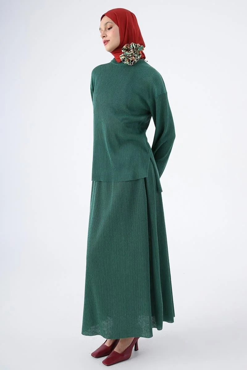 Allday Green-Pleated Slit Detailed Blouse and Skirt Suit