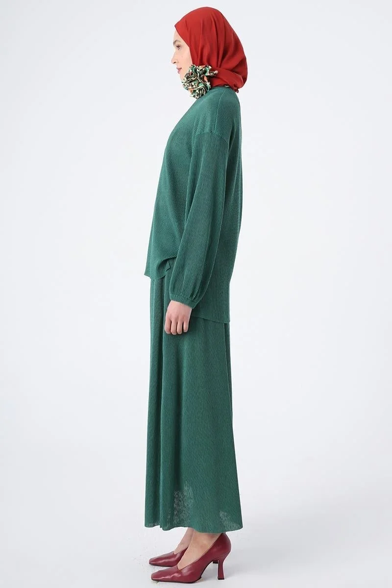 Allday Green-Pleated Slit Detailed Blouse and Skirt Suit