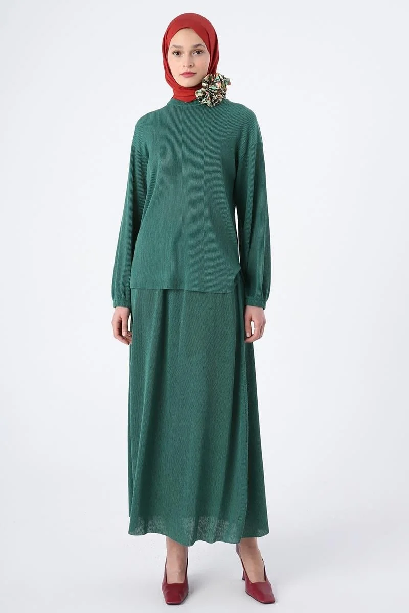 Allday Green-Pleated Slit Detailed Blouse and Skirt Suit