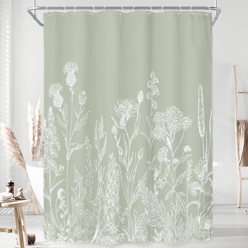 ريديكور Riyidecor Stand Sage Green Floral Wildflower Shower Stain for Bathroom Decor - Image 1