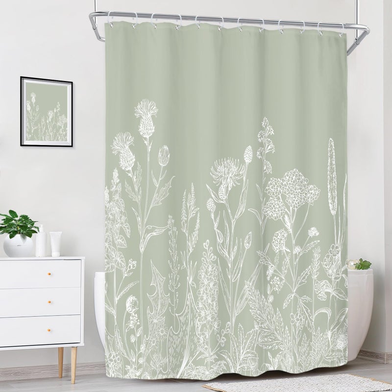 ريديكور Riyidecor Stand Sage Green Floral Wildflower Shower Stain for Bathroom Decor - Image 3