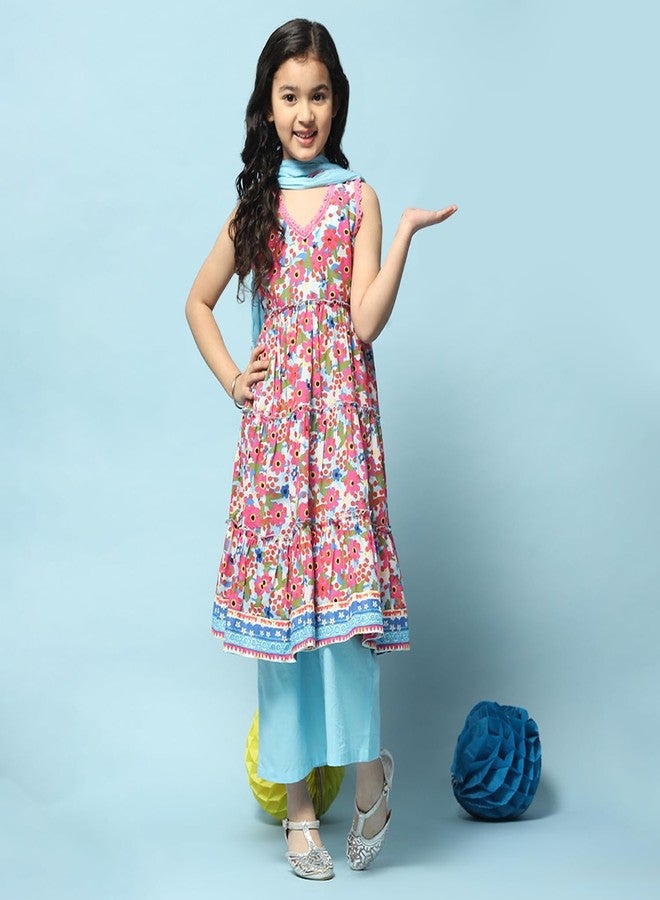BIBA Girls Voile Printed Narrow Kurta with Pant & Dupatta (Kw5279_Blue_13), 12-13 Years - Image 2