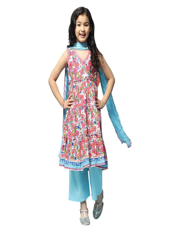 BIBA Girls Voile Printed Narrow Kurta with Pant & Dupatta (Kw5279_Blue_13), 12-13 Years - Image 1