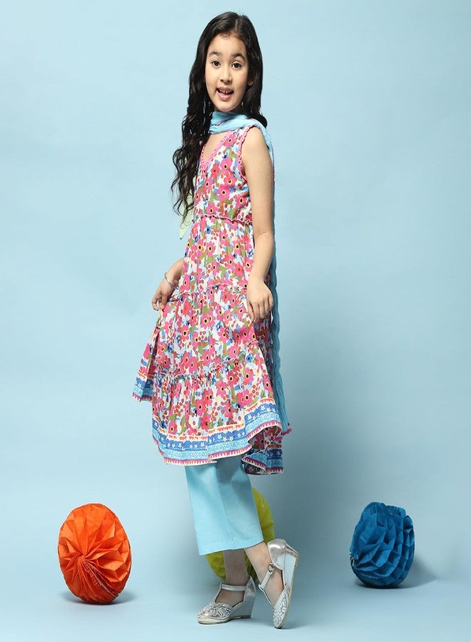 BIBA Girls Voile Printed Narrow Kurta with Pant & Dupatta (Kw5279_Blue_13), 12-13 Years - Image 4