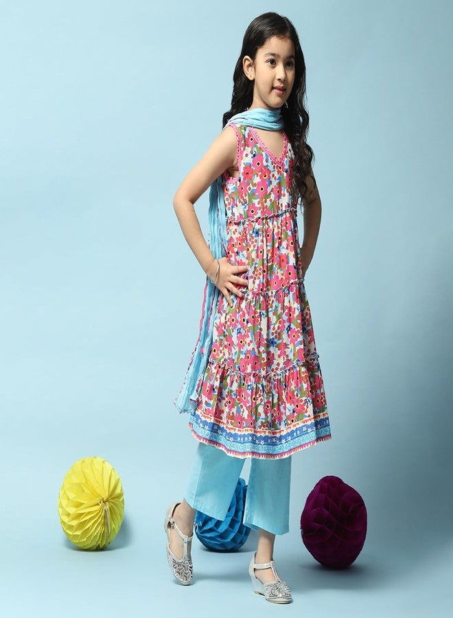BIBA Girls Voile Printed Narrow Kurta with Pant & Dupatta (Kw5279_Blue_13), 12-13 Years - Image 5