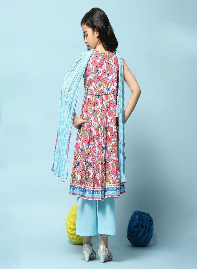 BIBA Girls Voile Printed Narrow Kurta with Pant & Dupatta (Kw5279_Blue_13), 12-13 Years - Image 3