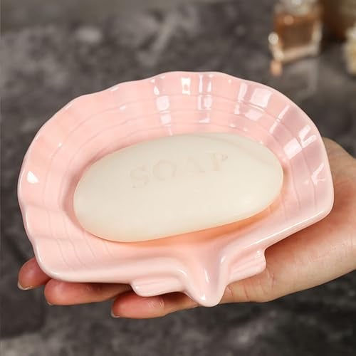 VBANU Ceramic Soap Holder, Sea-Shell Soap Tray with Self Draining, Soap Tray for Sink Washroom Bathroom Shower, Small Cute and Elegant Holder with Glaze, Easy Cleaning (Pink) - Image 1