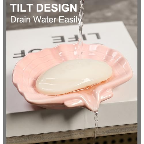 VBANU Ceramic Soap Holder, Sea-Shell Soap Tray with Self Draining, Soap Tray for Sink Washroom Bathroom Shower, Small Cute and Elegant Holder with Glaze, Easy Cleaning (Pink) - Image 2
