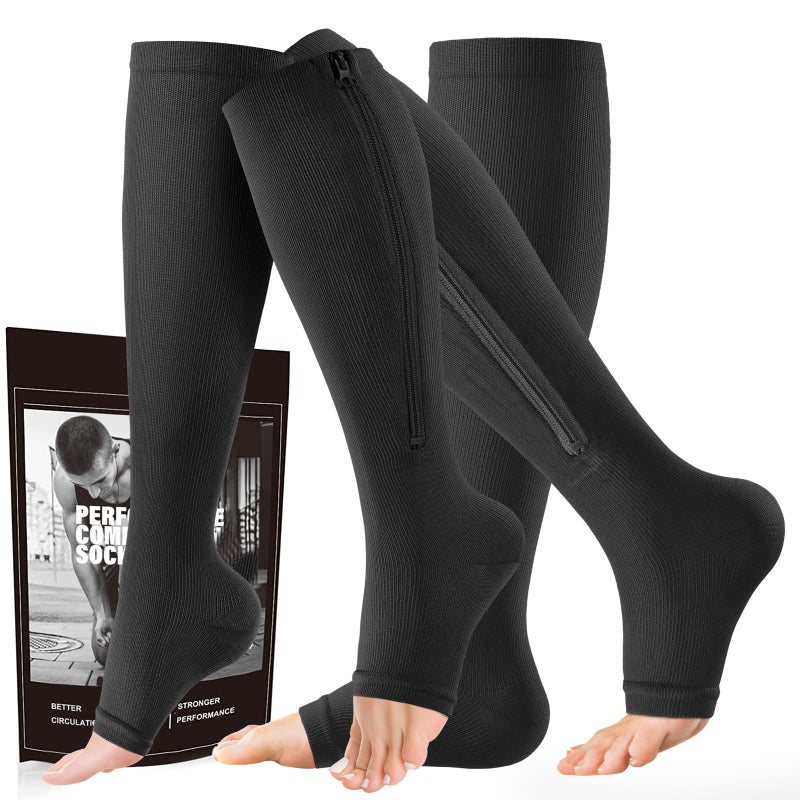cerpite Zipper Compression Socks 2 Pairs Open Toe Compression Stockings for Men Women 1520mmHgSuit for Running Sport