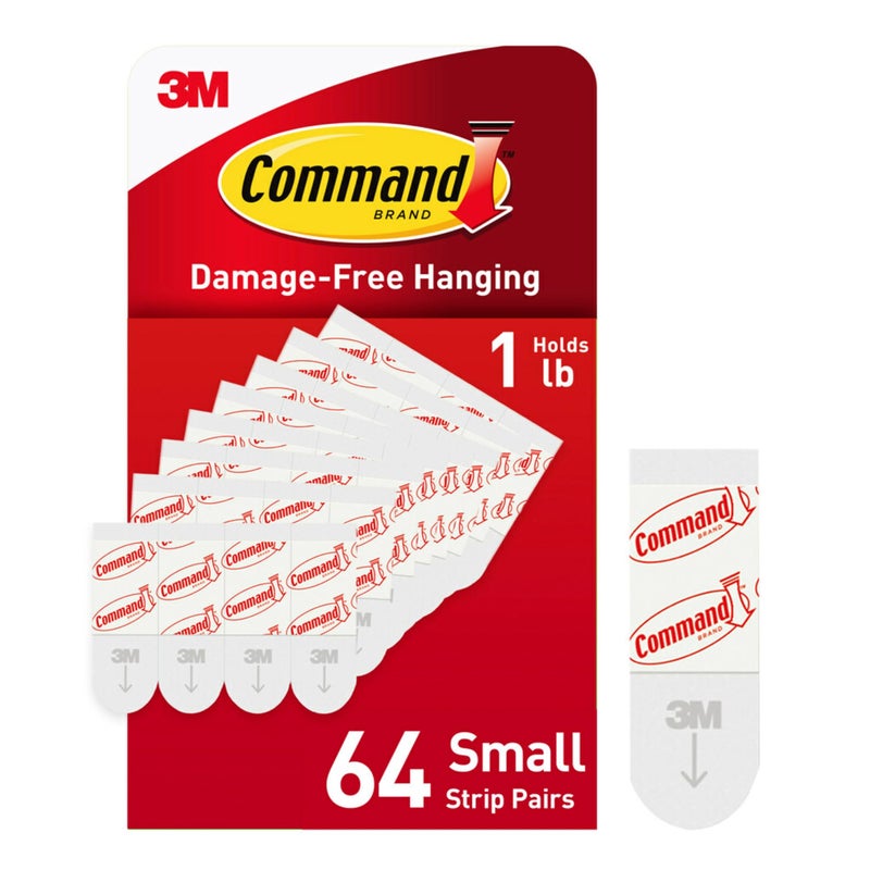 كوماند شرائط لاصقة صغيرة قابلة لإعادة التعبئة من كوماند، شرائط لاصقة معلقة على الحائط خالية من التلف لخطافات الحائط الداخلية الصغيرة، لا توجد أدوات، شرائط لاصقة قابلة للإزالة لمساحات المعيشة، 64 شريط قيادة أبيض (عبوة من قطعة واحدة) - Image 1