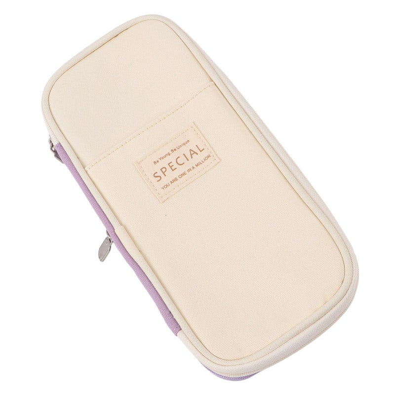 Large Pencil Case - Purple And Beige Canvas Simple Modern Style - Large Capacity Mesh Pockets Pencil Slots - Durable Colorfast Material Smooth Metal Zipper Stationery Organizer for Students Kids - Image 2