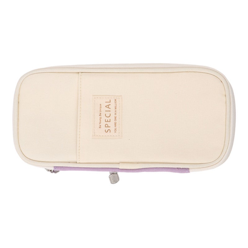 Large Pencil Case - Purple And Beige Canvas Simple Modern Style - Large Capacity Mesh Pockets Pencil Slots - Durable Colorfast Material Smooth Metal Zipper Stationery Organizer for Students Kids - Image 3