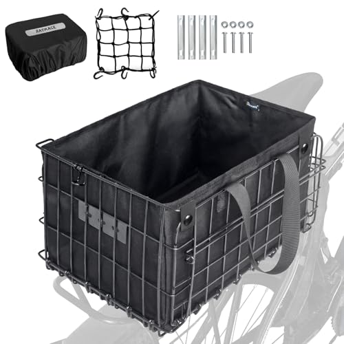 RAYMACE Bike Basket Rear,Bicycle Basket with Removable Liner,Rainproof Cover and Cargo Net,Folding Bike Baskets for Adult,Quick Release Design Fits for Most Rear Mounted Bike Rack - Image 1