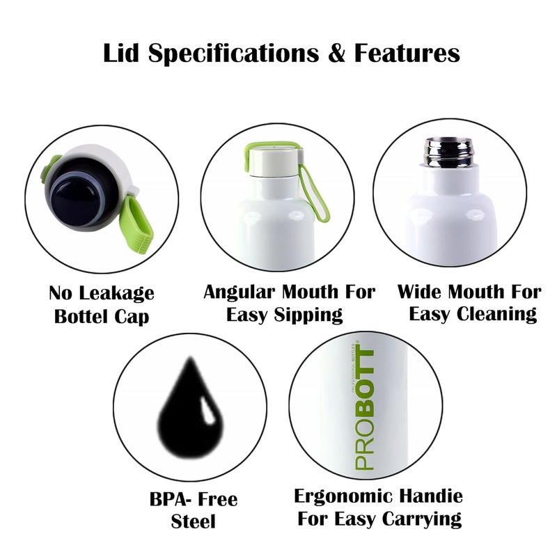 PROBOTT Probott Bang 600ml Thermoses Vacuum Insulated Flask Bottle, Stainless Steel Water Bottles, Screw Cap | Hot and Cold | Leak Proof | Pack of 4 | Pure White+International Orange+Baby Blue+Parrot Green  - Image 3