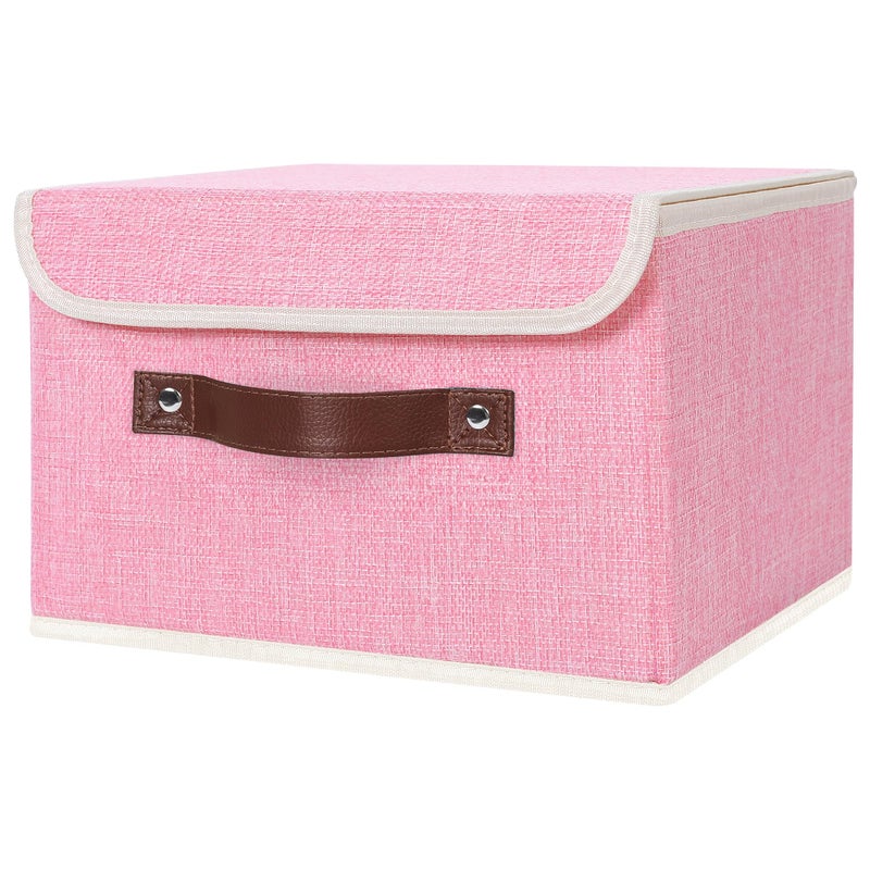 ANMINY Storage Bin with Lid Storage Boxes with PU Leather Handles PP Plastic Board Decorative Foldable Lidded Cotton Linen Fabric Home Cubes Baskets Closet Organizer Container Pink Small Size - Image 2