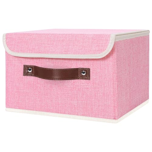 ANMINY Storage Bin with Lid Storage Boxes with PU Leather Handles PP Plastic Board Decorative Foldable Lidded Cotton Linen Fabric Home Cubes Baskets Closet Organizer Container Pink Small Size - Image 1