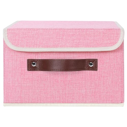 ANMINY Storage Bin with Lid Storage Boxes with PU Leather Handles PP Plastic Board Decorative Foldable Lidded Cotton Linen Fabric Home Cubes Baskets Closet Organizer Container Pink Small Size - Image 3