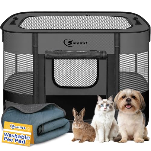 Siedihit Dog Playpen,Cat Pet Puppy Pen,Portable Playpens for Dogs Indoor Outdoor Travel Camping Use,Foldable Dog Kennel Tent Crate for Rabbit Small Animals with Carrying Case (Dark Grey with Pad, Small) - Image 1