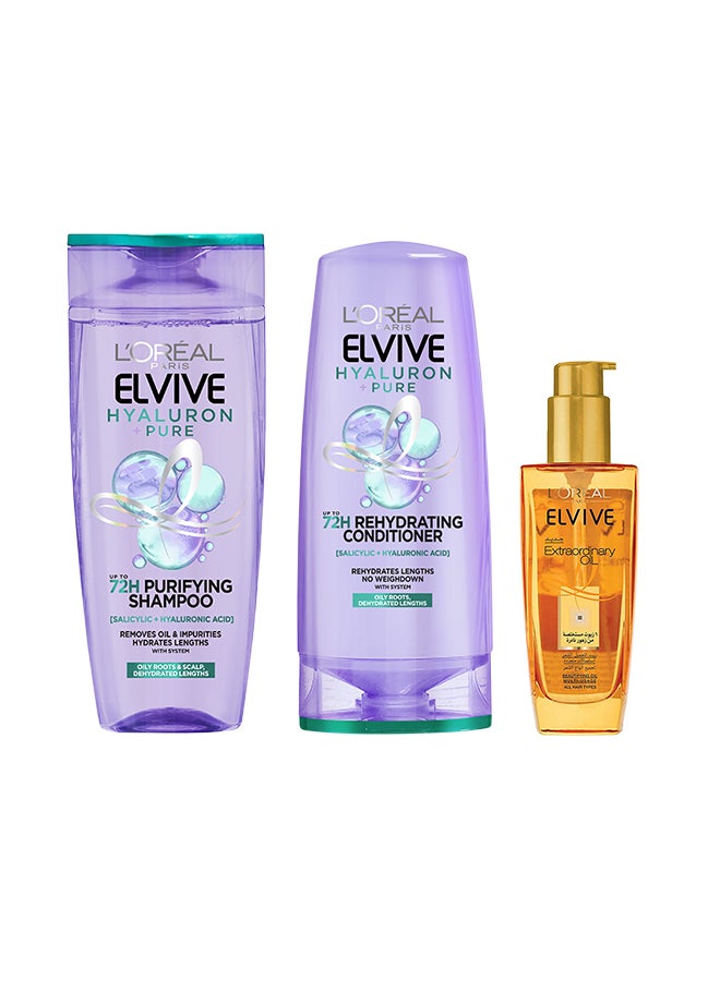 L'OREAL PARIS شامبو لوريال باريس إلفيف هايالورون بيور 400 مل + بلسم 360 مل + سيروم زيت إلفيف الاستثنائي 100 مل - Image 1