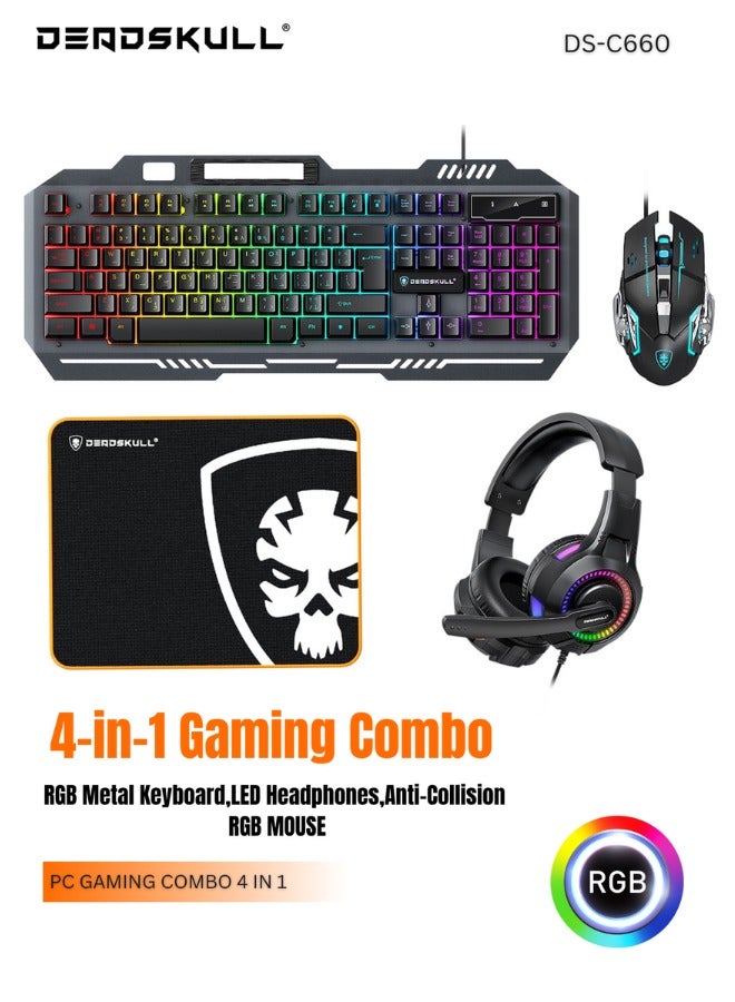 DEADSKULL Gaming Keyboard Mouse Headset and Mousepad Combo, RGB LED Backlit Gaming Keyboard Bundle, USB Wired Keyboards Combo for PC Gamer, Xbox, PS5 Users - Image 1