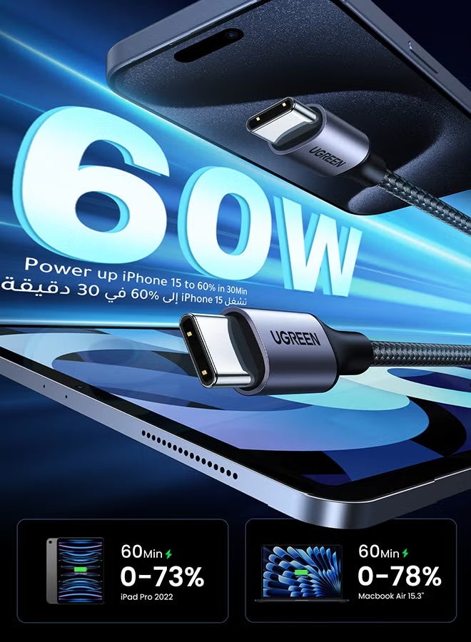 UGREEN ECO UGREEN 60W USB-C to USB-C Nylon Braided Fast Charging Cable, 2M, PD 3.0 3A, USB 2.0 Type-C Cord Compatible with iPhone 16/15 Pro Max, iPad, MacBook, Samsung Galaxy – Black - Image 2