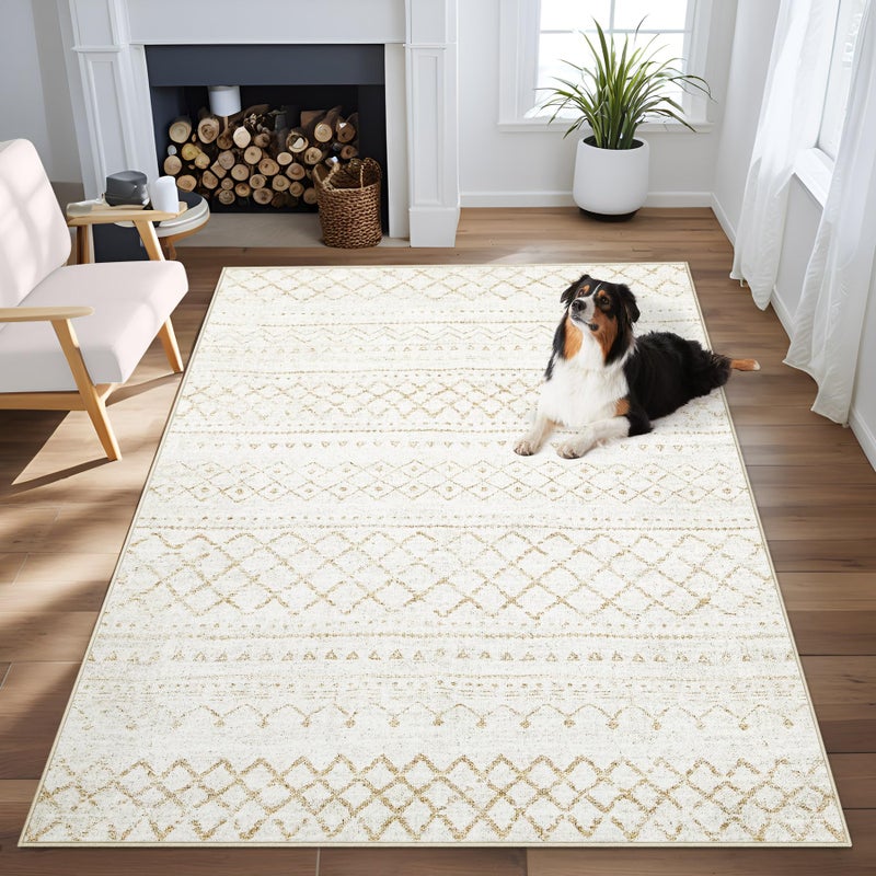 Aoyaomi Area Rug 4x6 Geometric Rugs: Washable Boho Moroccan Rug Modern Neutral Stain Resistant Rugs Soft Farmhouse Indoor Floor Carpet for Living Room Bedroom Dining Table Nursery(Beige,4X6) - Image 1