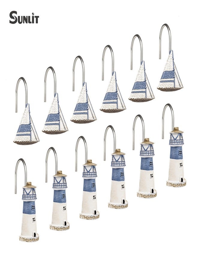 Sunlit Nautical Shower Curtain Hooks, Home Decorative Coastal Shower Curtain Rings for Bathroom, Resin, Ocean Shower Curtain Hanger Hooks for Living Room, Set of 12, Blue Lighthouse Sailboat - Image 3