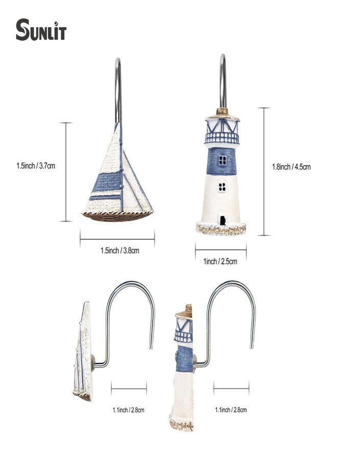 Sunlit Nautical Shower Curtain Hooks, Home Decorative Coastal Shower Curtain Rings for Bathroom, Resin, Ocean Shower Curtain Hanger Hooks for Living Room, Set of 12, Blue Lighthouse Sailboat - Image 4