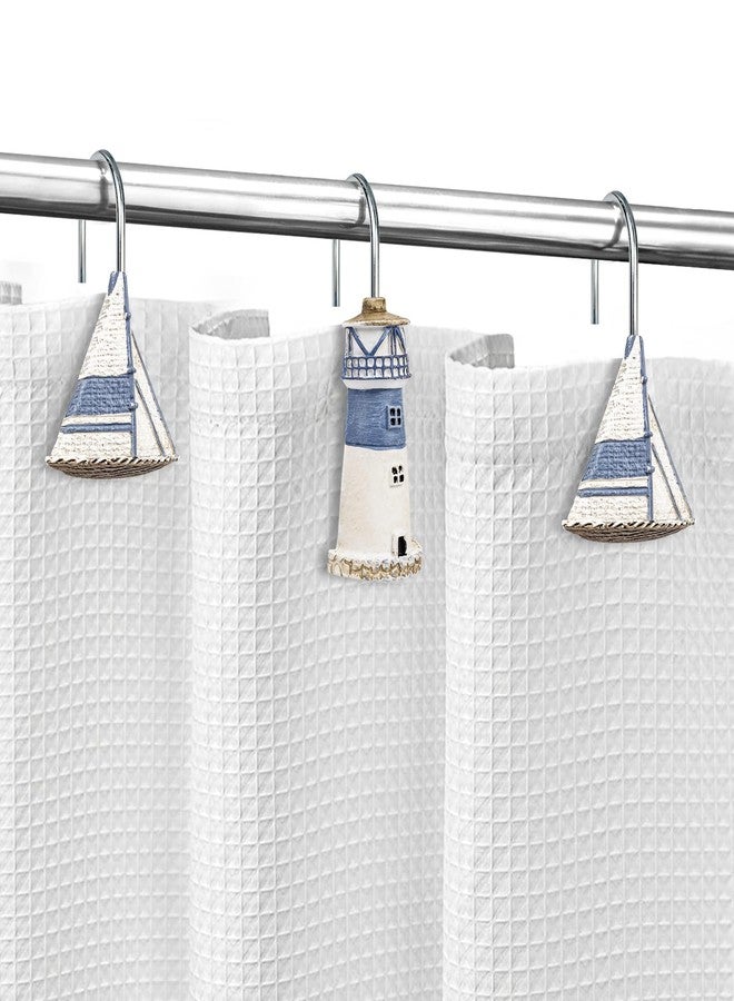 Sunlit Nautical Shower Curtain Hooks, Home Decorative Coastal Shower Curtain Rings for Bathroom, Resin, Ocean Shower Curtain Hanger Hooks for Living Room, Set of 12, Blue Lighthouse Sailboat - Image 5