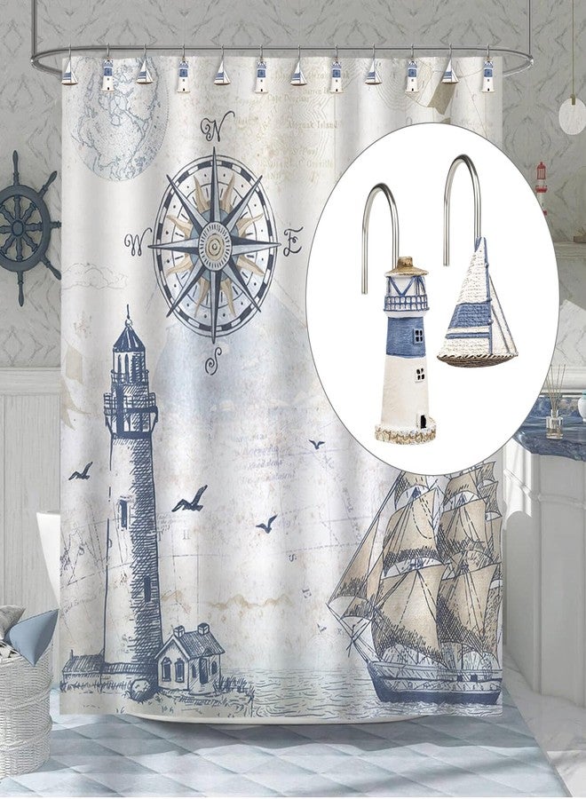 Sunlit Nautical Shower Curtain Hooks, Home Decorative Coastal Shower Curtain Rings for Bathroom, Resin, Ocean Shower Curtain Hanger Hooks for Living Room, Set of 12, Blue Lighthouse Sailboat - Image 2