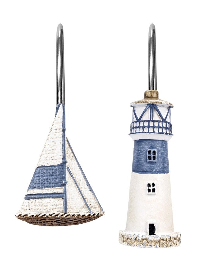 Sunlit Nautical Shower Curtain Hooks, Home Decorative Coastal Shower Curtain Rings for Bathroom, Resin, Ocean Shower Curtain Hanger Hooks for Living Room, Set of 12, Blue Lighthouse Sailboat - Image 1