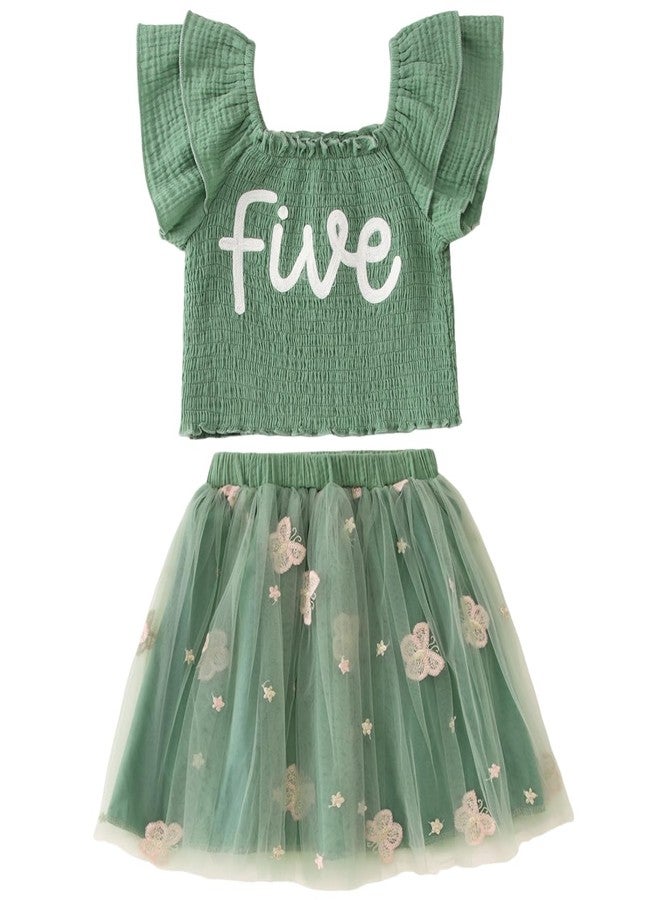 KEKEMI Toddler Girl Birthday Outfits 2nd 3rd 4th 5th 6th 7th Birthday Embroidery Shirt B-Day Tutu Skirt Set Cake Smash Outfit(Green-2,5T) - Image 1