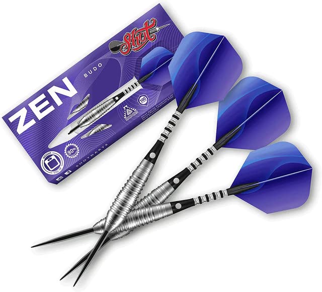 Shot! Darts Zen Budo Steel Tip Dart Set (23g/24g/26g) | 80% Tungsten Barrels | Center Balanced Bomber Shape | Perfect for Beginners | Handcrafted Darts with Flights | Metal Tip | Made in New Zealand - Image 1
